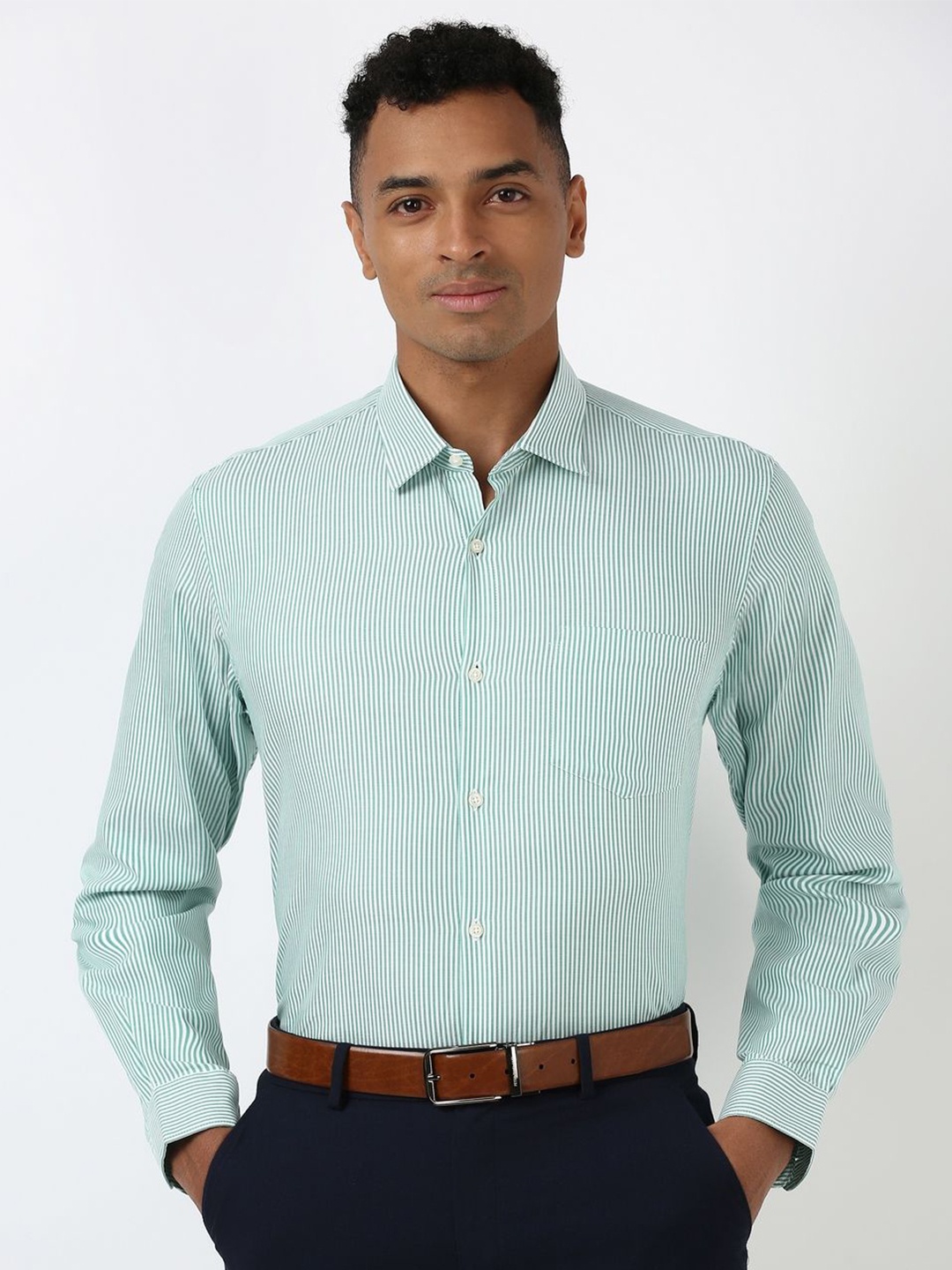 

Peter England Men Spread Collar Striped Cotton Slim Fit Formal Shirt, Green