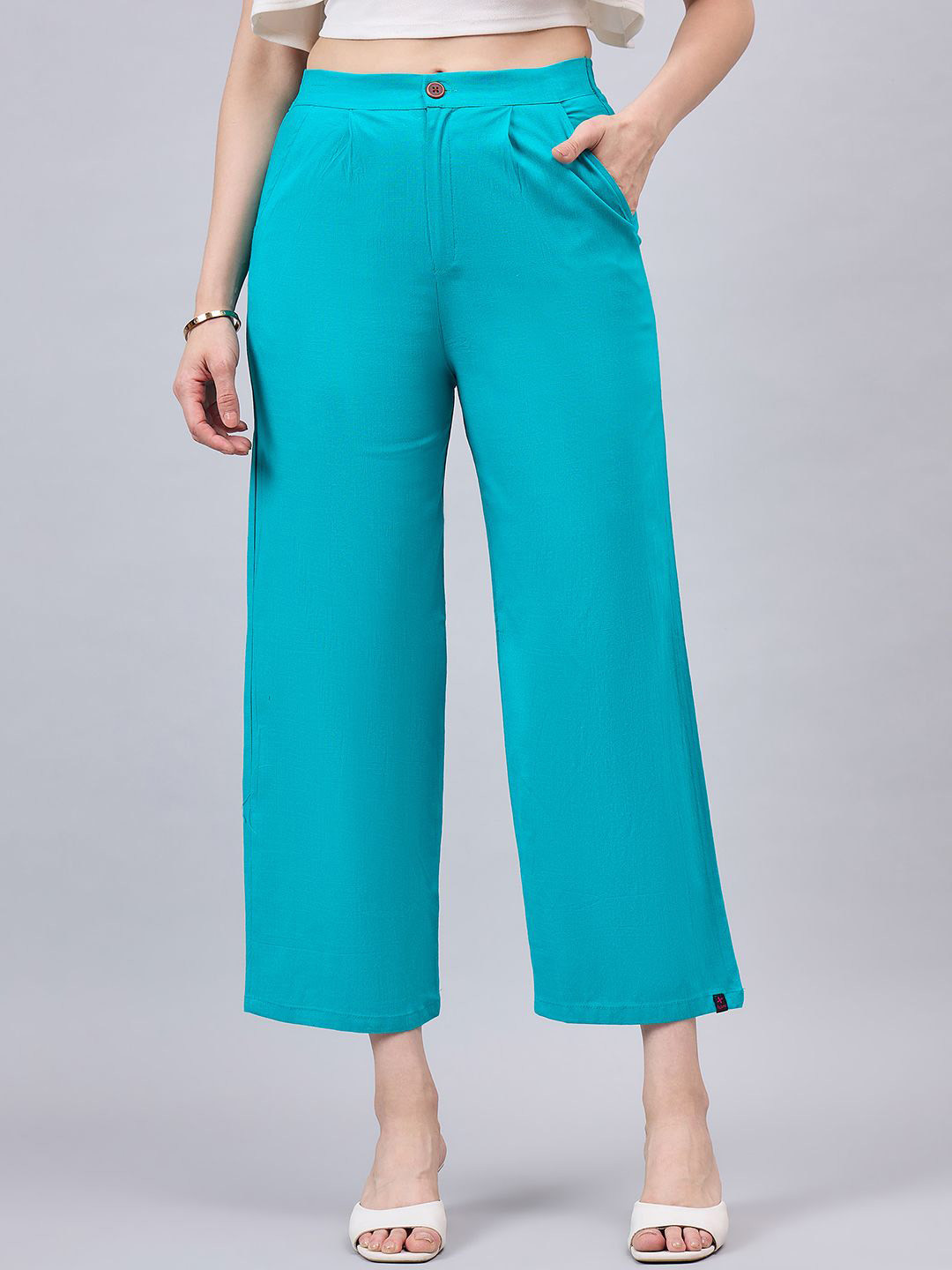 

THE PAJAMA FACTORY Women Smart High-Rise Wide Leg Trousers, Blue