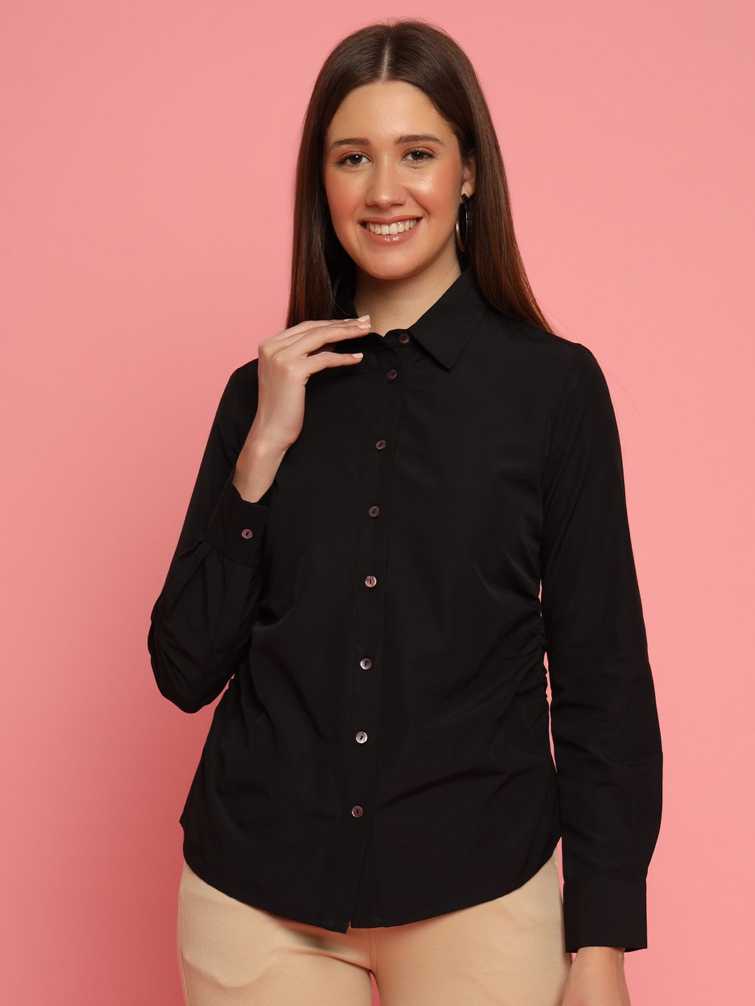

KIZI Women Spread Collar Solid Cotton Casual Shirt, Black