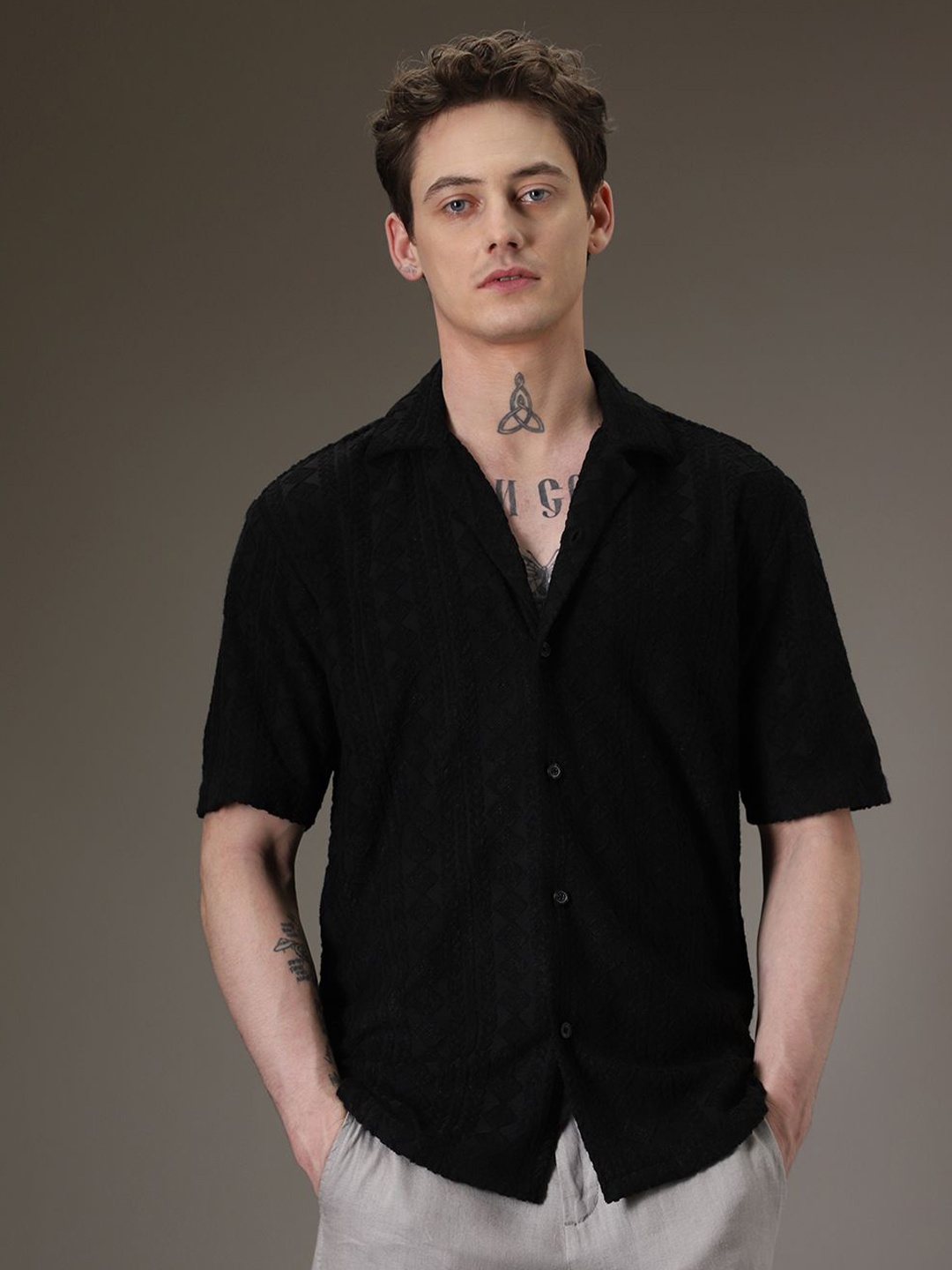 

Banana Club Men Half Sleeves Cuban Collar Knitted Shirt, Black