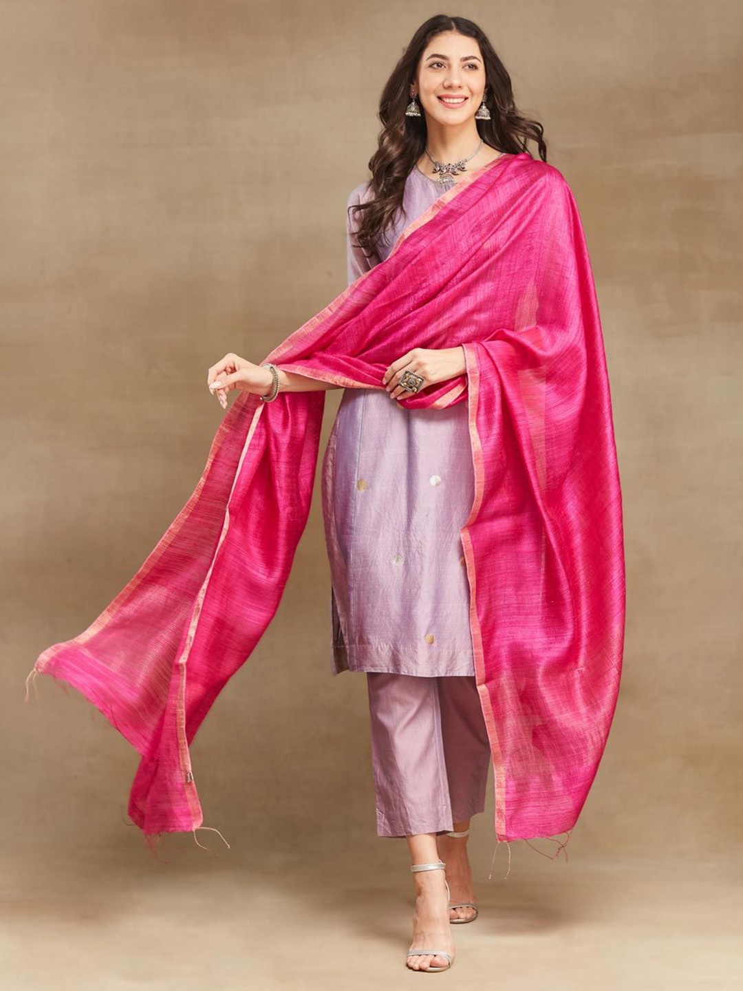 

Fabindia Striped Woven Design Silk Dupatta with Zari, Magenta