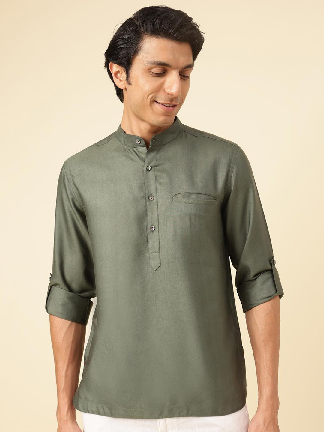 

Fabindia Men Solid Slim Fit Band Collar Casual Shirt, Olive