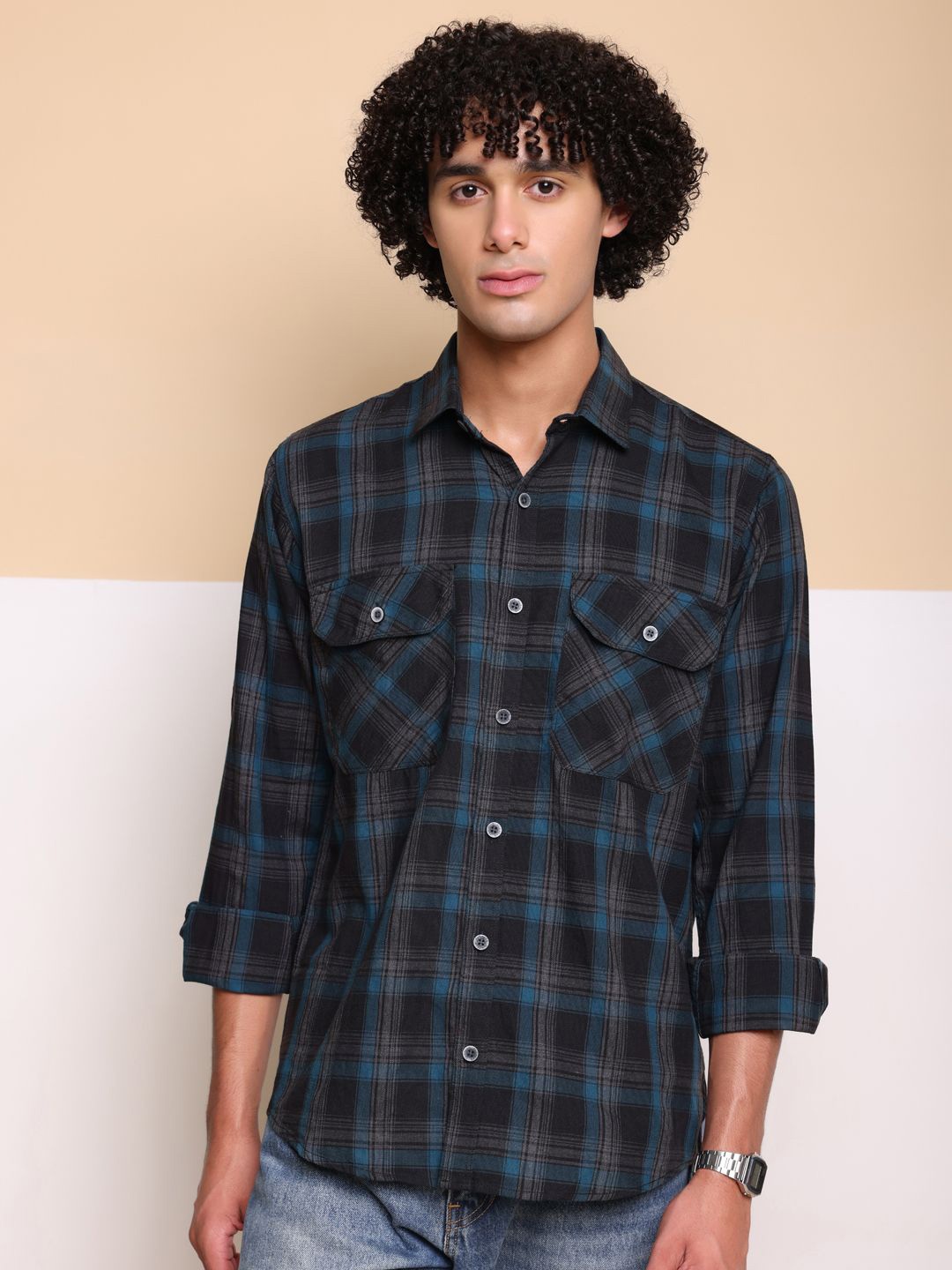 

FILO HEVIS Spread Collar Double Pocket Cotton Check Shirt, Teal