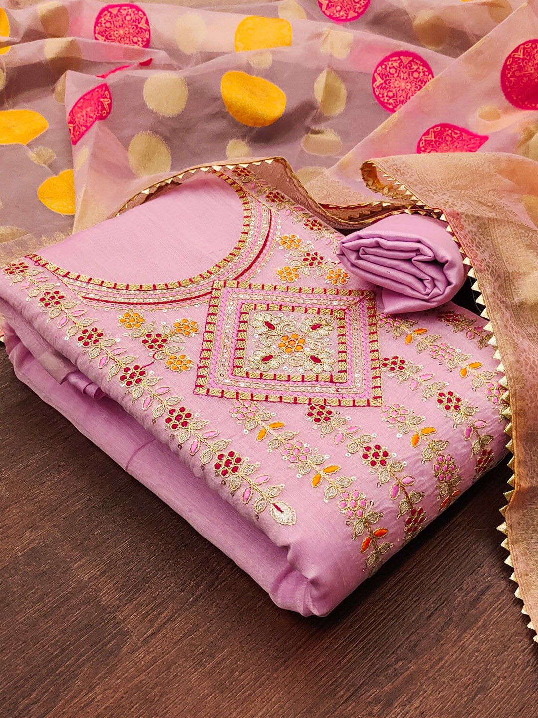 

LeeliPeeri Designer Floral Embroidered Thread Work Unstitched Dress Material, Pink
