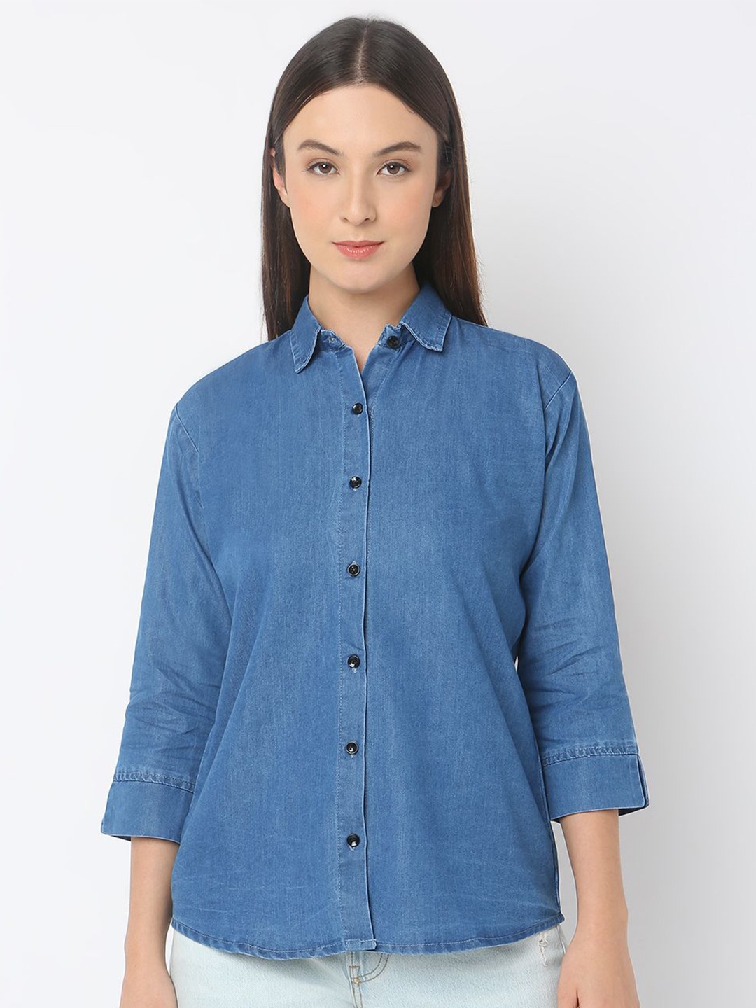 

Smarty Pants Women Comfort Spread Collar Solid Denim Formal Shirt, Blue