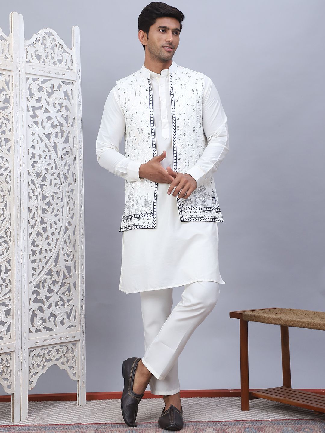 

Jompers Mandarin Collar Silk Cotton Straight Kurta with Pyjama & Nehru Jacke, White