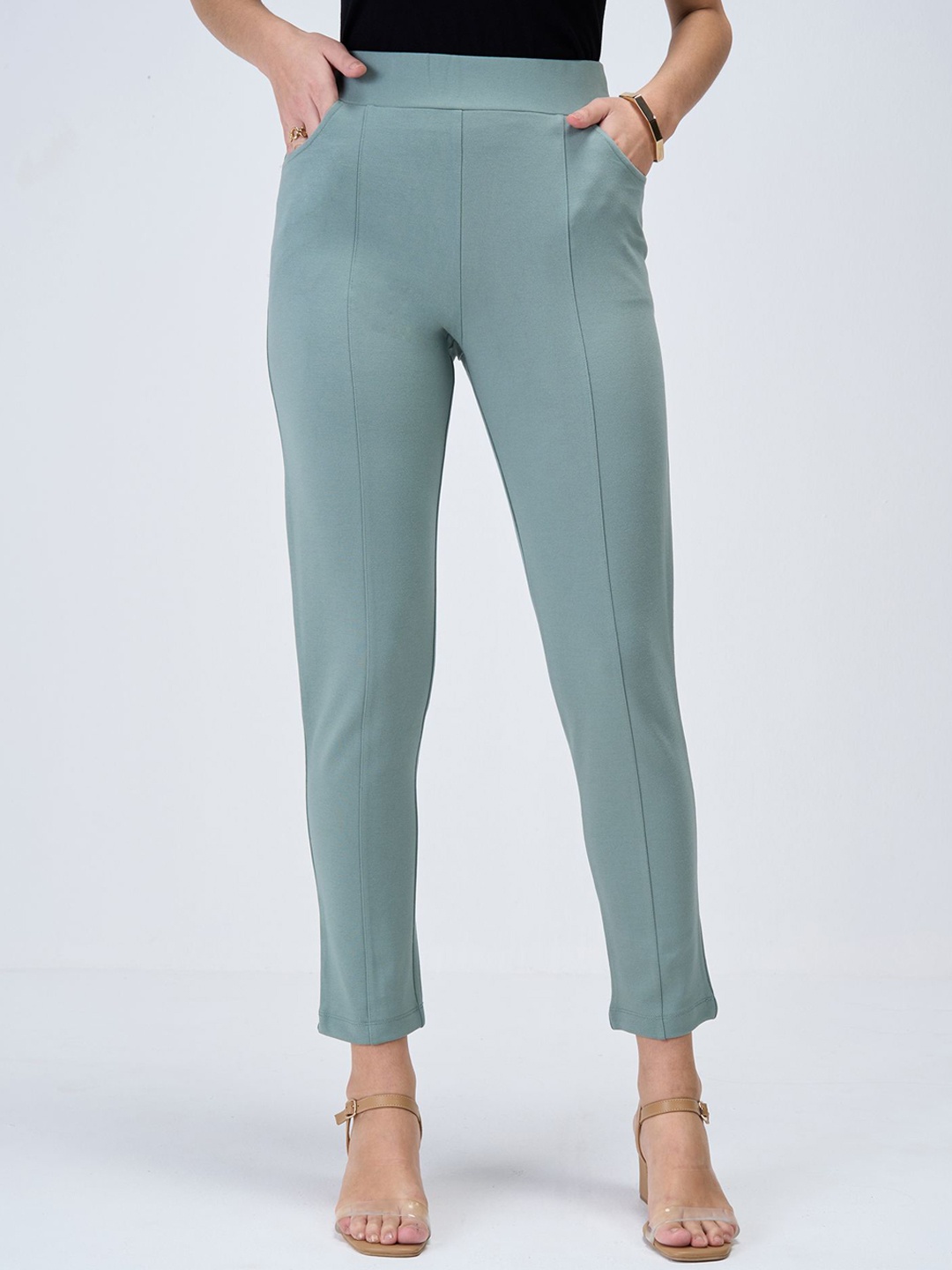 

SALT ATTIRE Women Smart Slim Fit High-Rise Trousers, Green