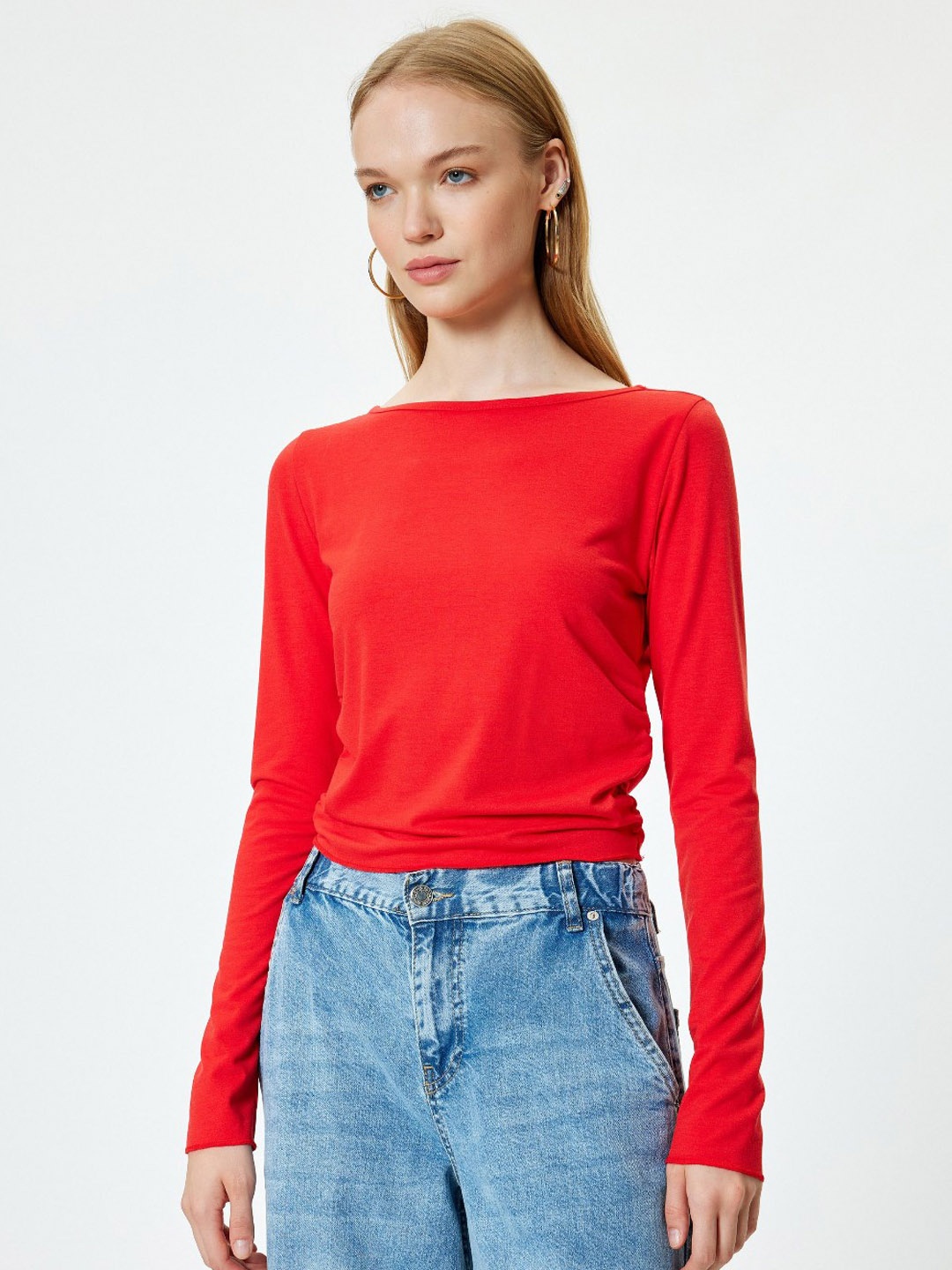 

Koton Women Solid Boat Neck T-Shirt, Red