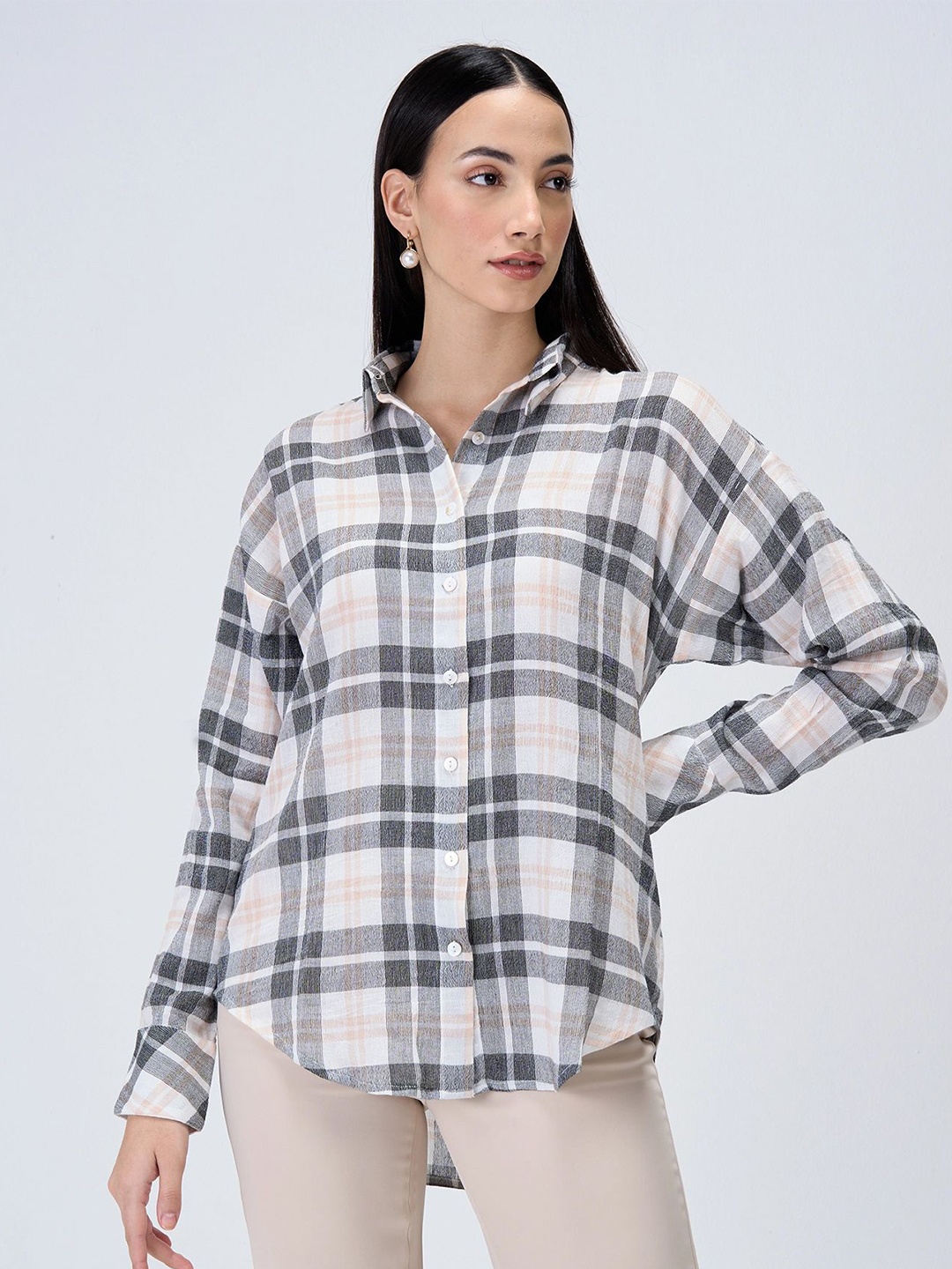 

SALT ATTIRE Women Spread Collar Tartan Checked Casual Shirt, White