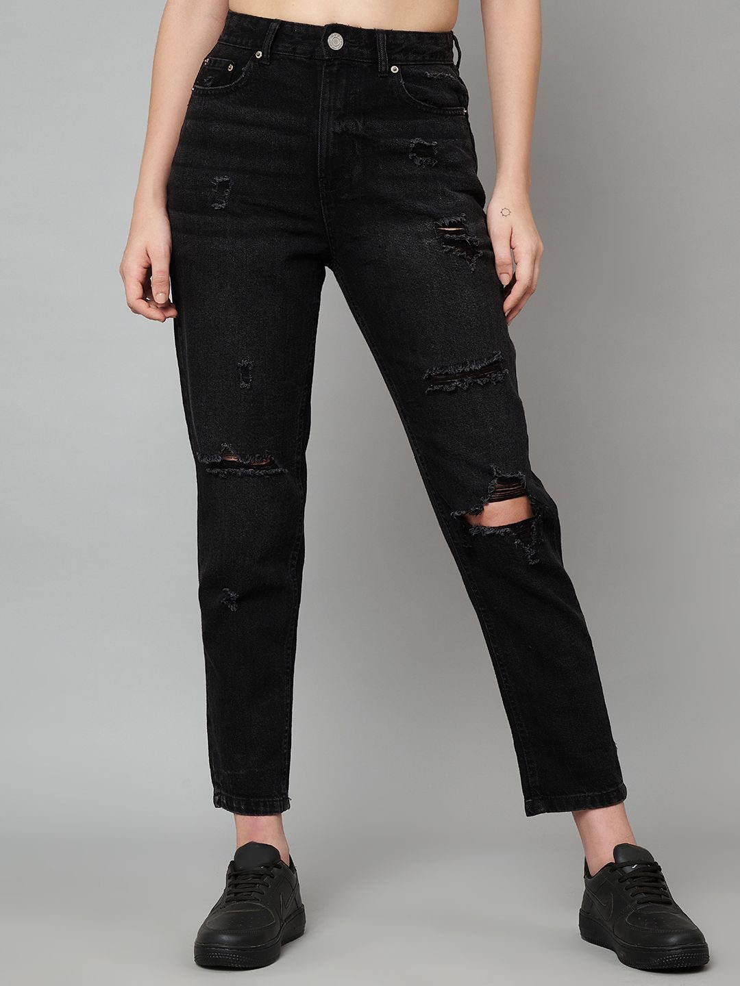 

Zaahii Women High-Rise Mildly Distressed Cotton Jeans, Black