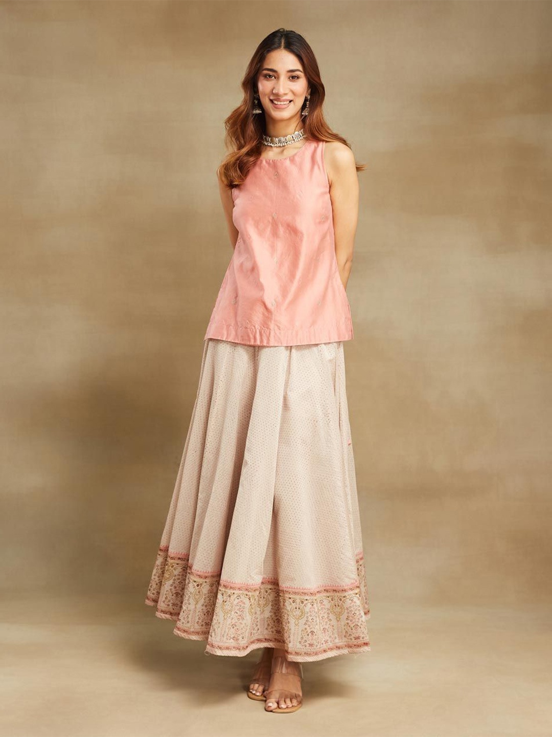 

Fabindia Embroidered Cotton Silk Top With Skirt, Pink