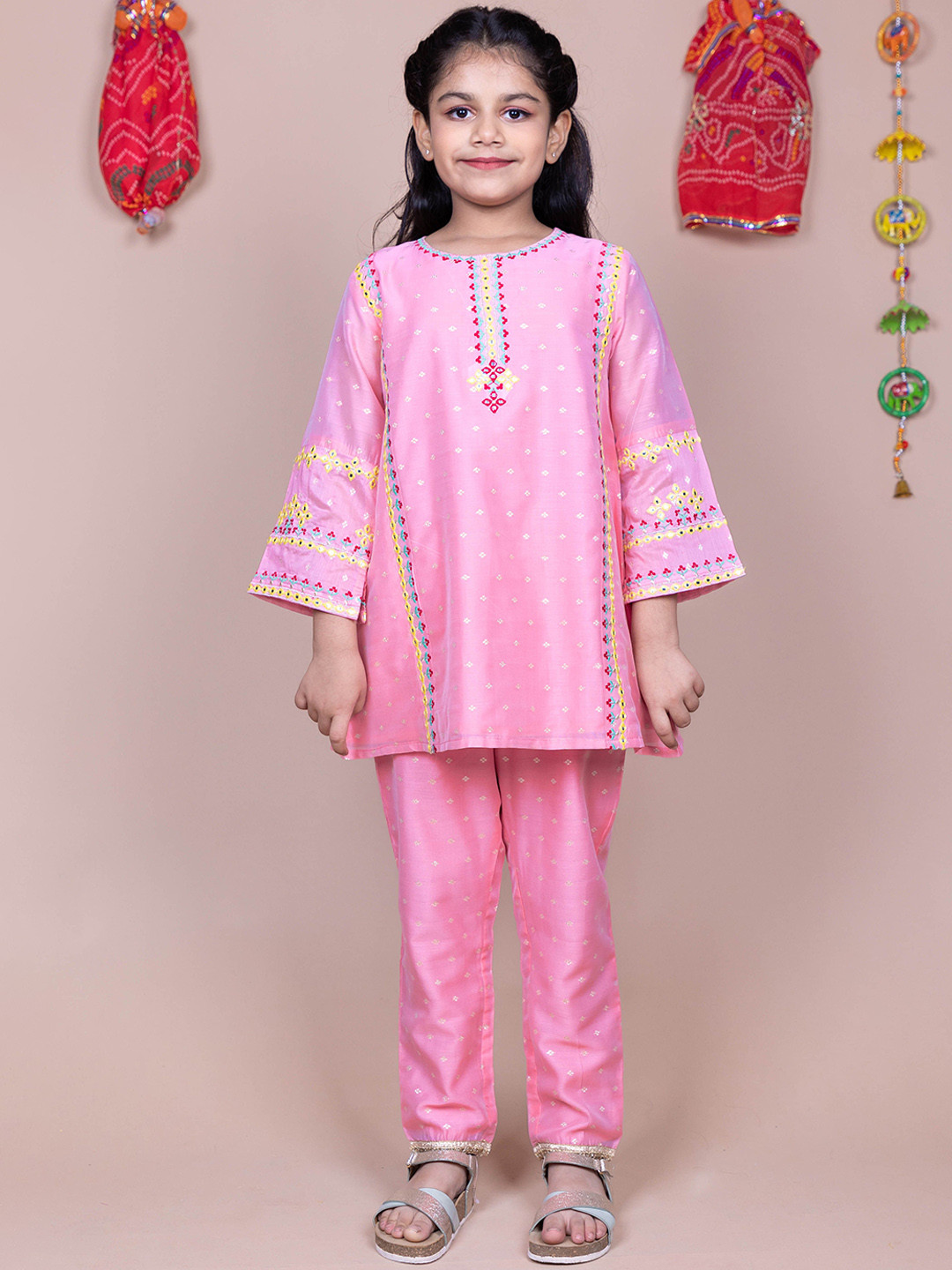

HERE&NOW Girls Floral Embroidered A-Line Mirror Work Kurta with Palazzos, Pink