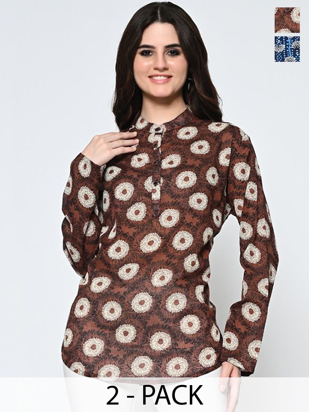 

BAESD Pack of 2 Floral Printed Band Collar Pure Cotton Short Kurta, Brown