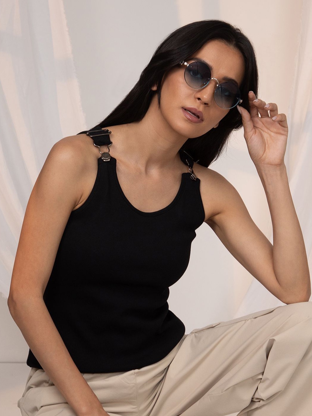 

PINACOLADA Women Solid Shoulder Straps Polycotton Top, Black