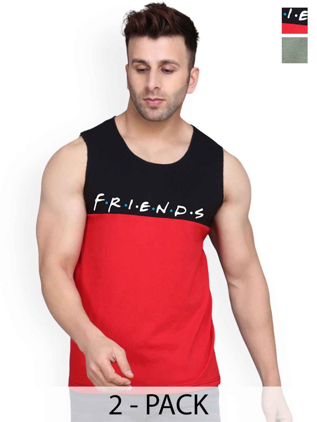 

SLOWLORIS Pack Of 2 Rich Sleeveless Innerwear Vests SL26 COMBO (LOUD LGTGREEN) (FRD BLKRED, Green