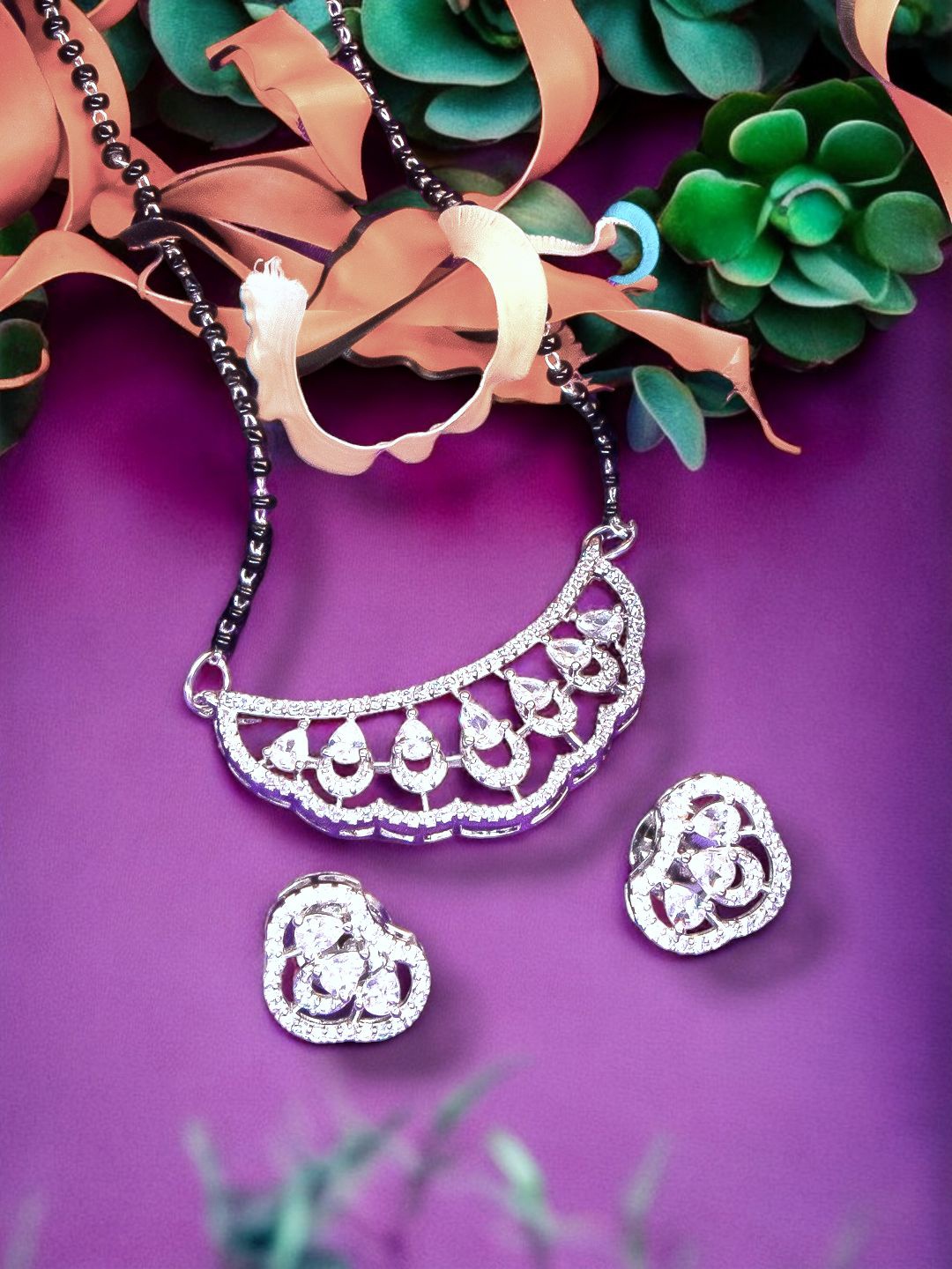 

Manikya Rhodium Plated American Diamond Stone Studded & Beaded Mangalsutra, Silver