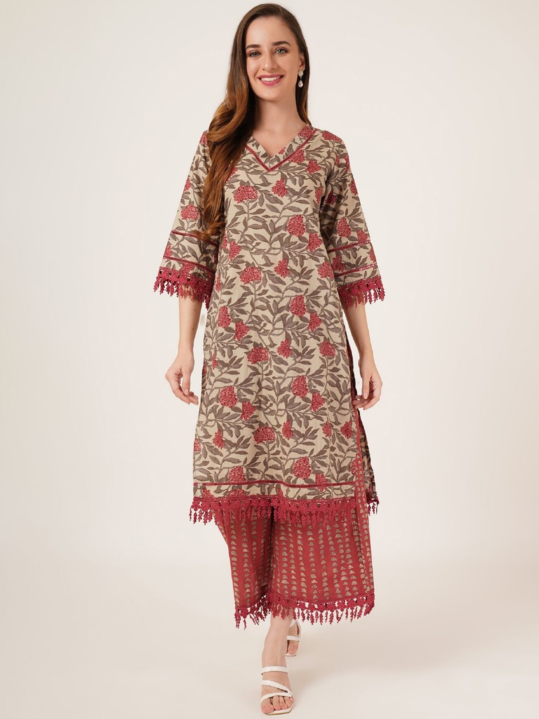 

KALINI Floral Printed V Neck Pure Cotton Straight Kurta With Palazzos, Maroon