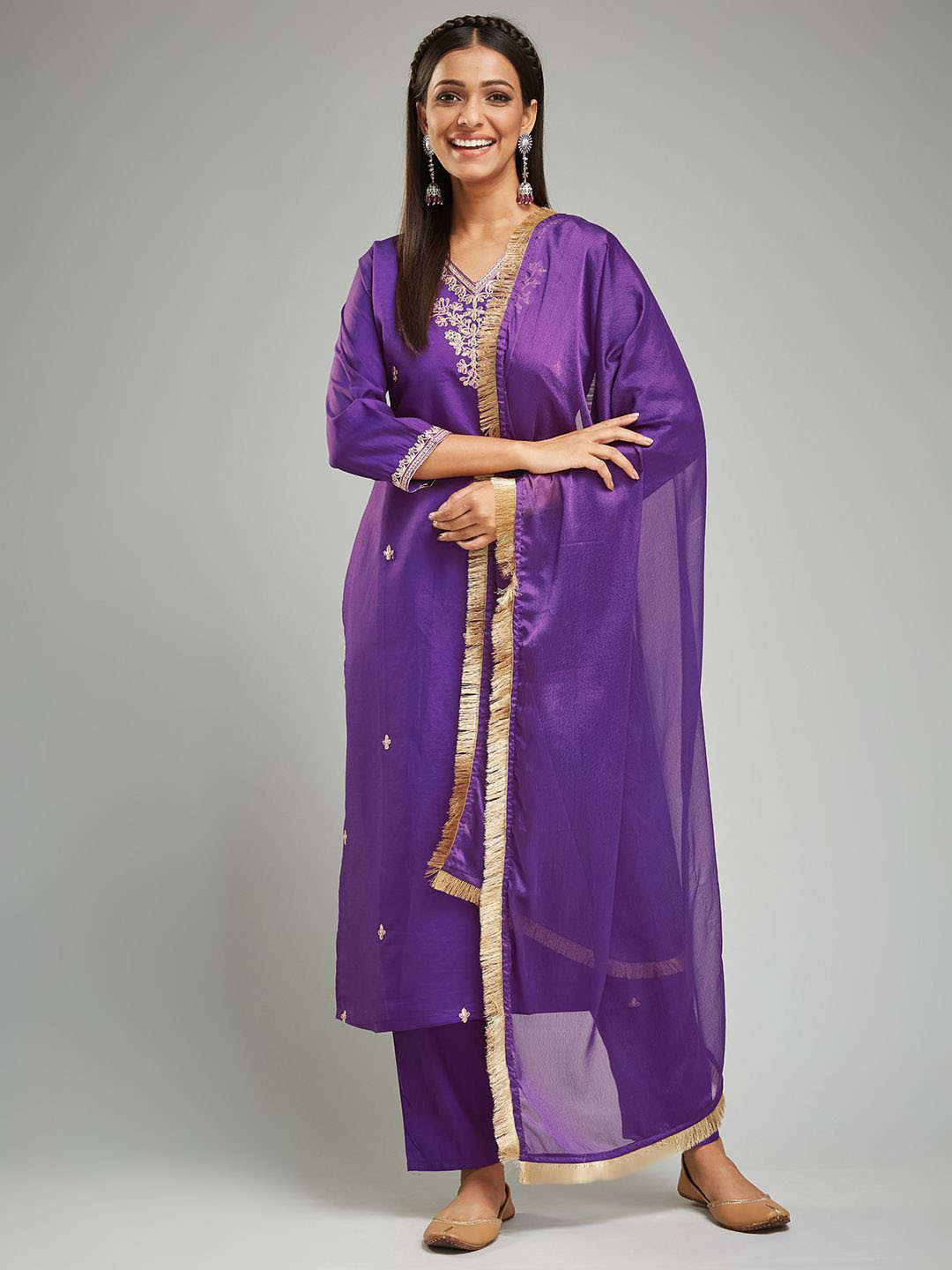 

KALINI Ethnic Motifs Embroidered Thread Work Chanderi Silk Kurta with Trousers & Dupatta, Violet