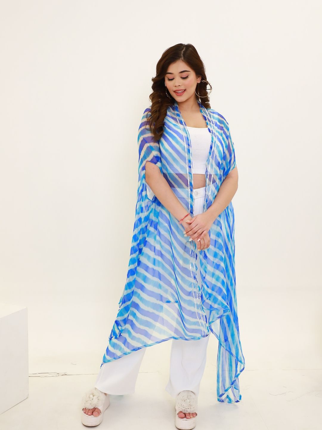 

Swadeshi Shringaar Striped Longline Indigo Open Front Shrug, Blue