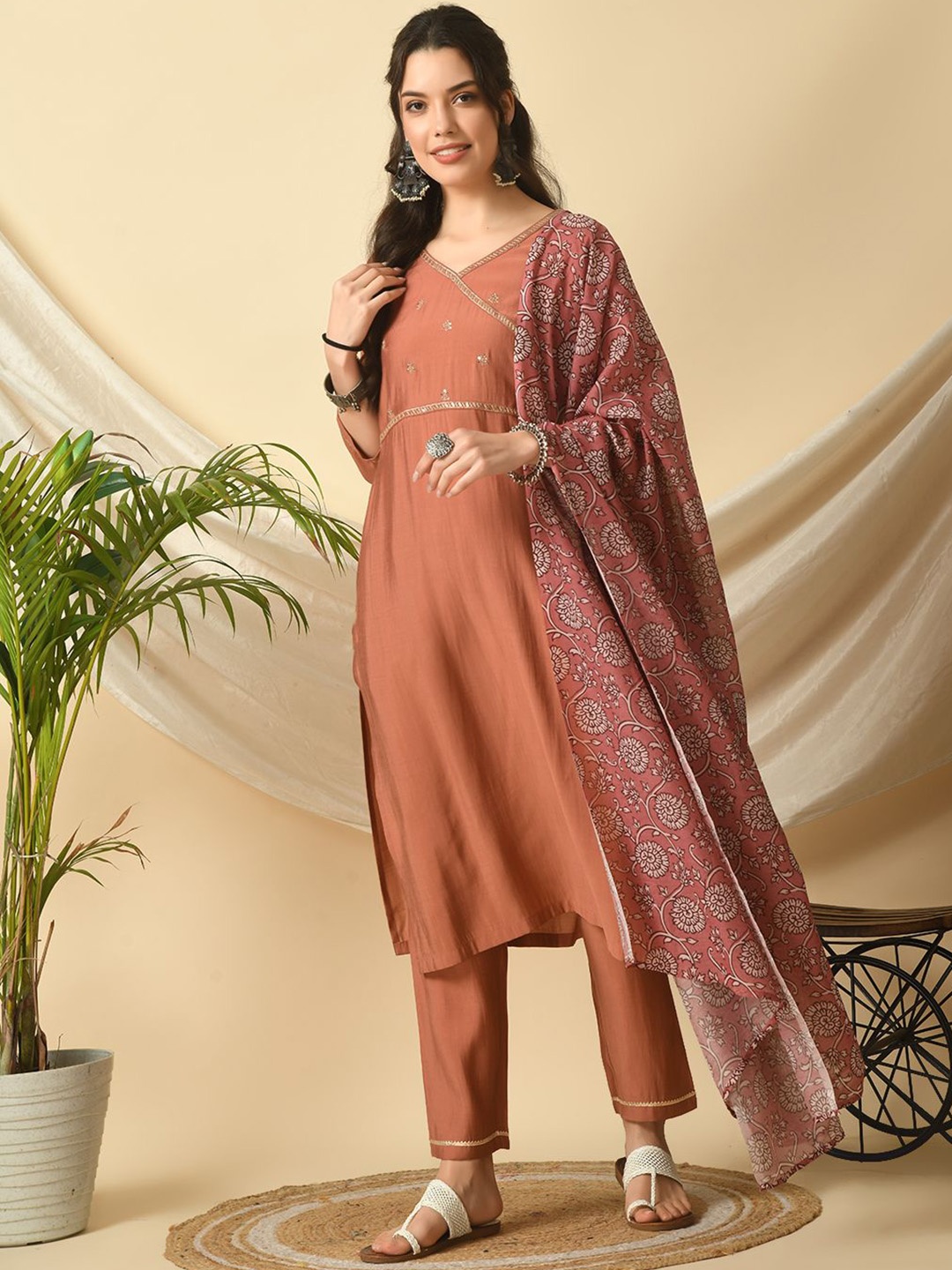 

MEESAN Embroidered Kurta with Trousers & Dupatta, Brown