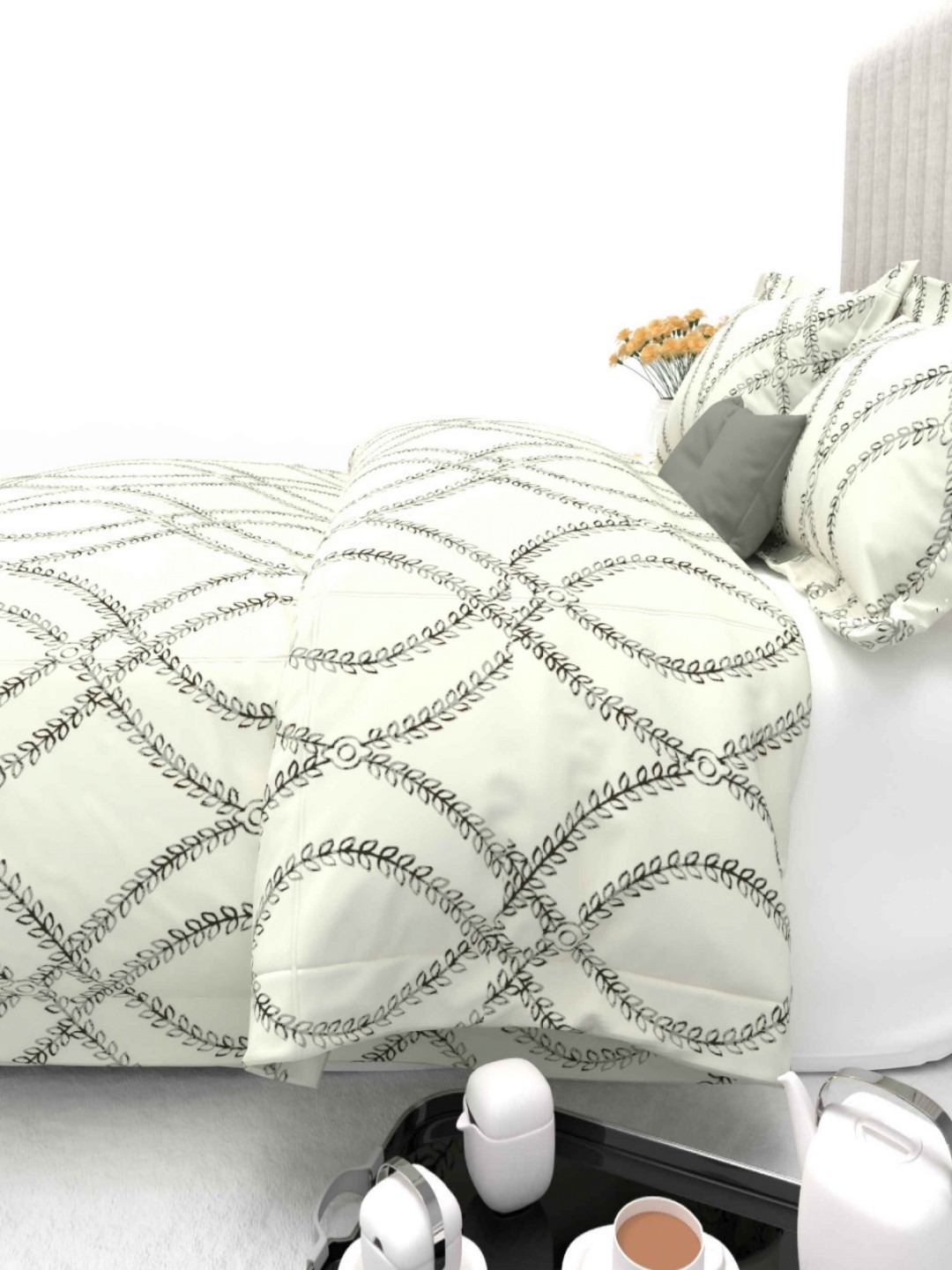 

THE WHITE MOSS White & Black Geometric 600 TC King Bedsheet with 2 Pillow Covers