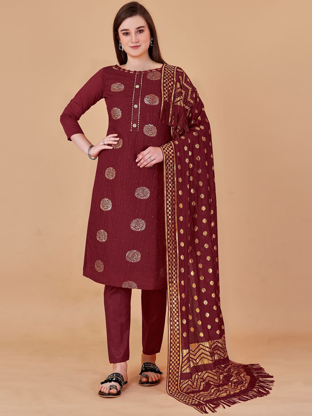 

JULEE Zari Embroidered Unstitched Dress Material, Maroon