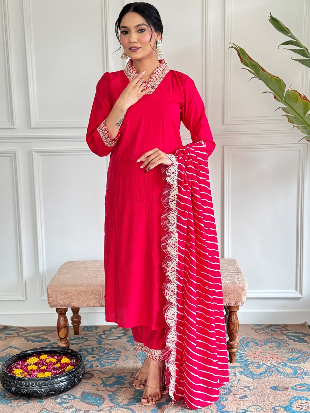 

KALINI Embroidered Thread Work Chanderi Silk Kurta with Trousers & Dupatta, Red
