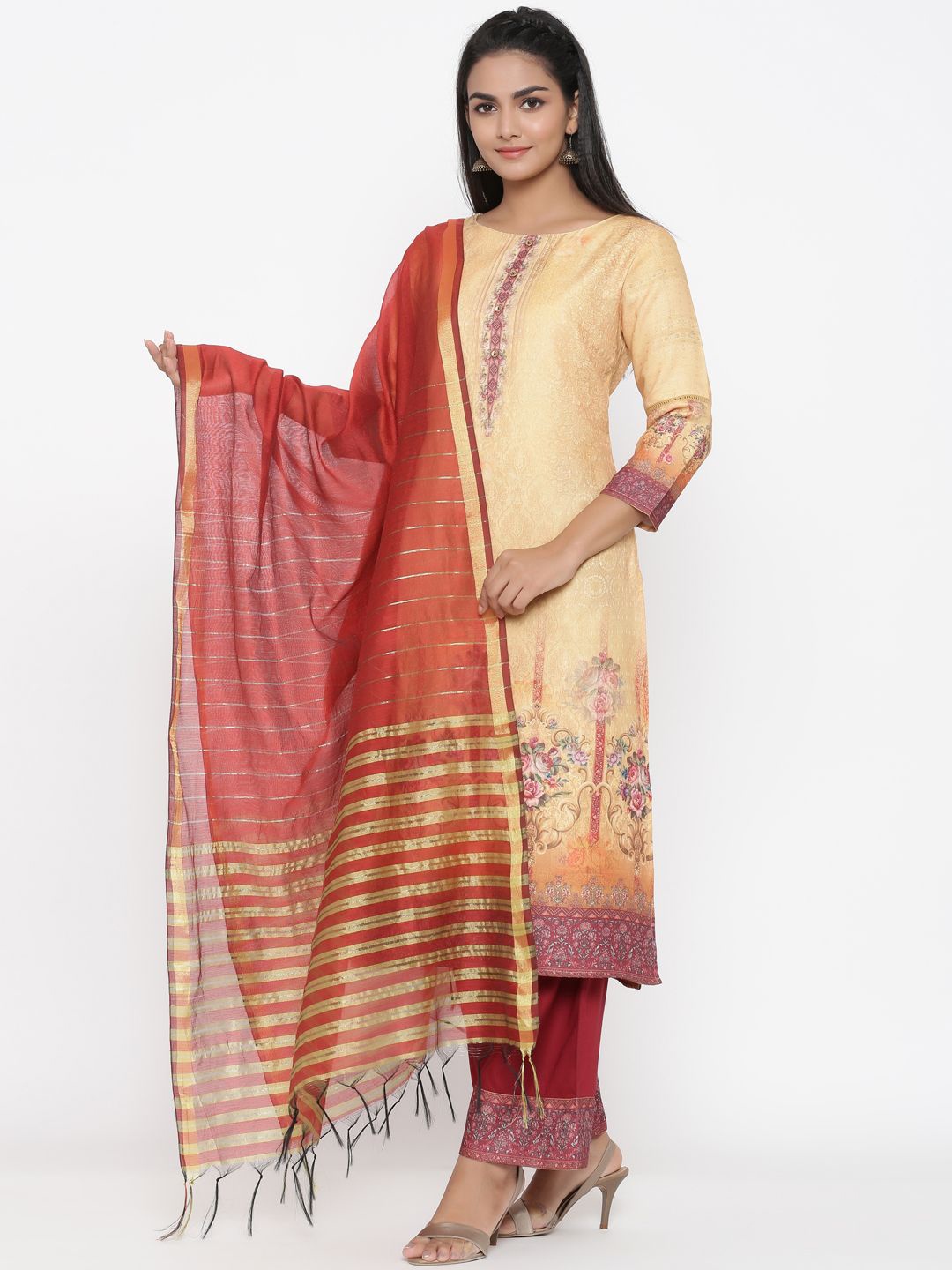 

Anouk Floral Printed Regular Pure Silk Straight Kurta with Palazzos & Dupatta, Mustard