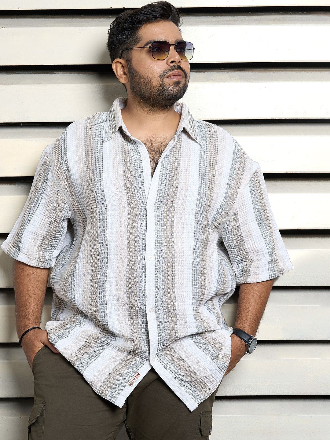 

Freeform by High Star Men Standard Spread Collar Striped Cotton Plus Size Casual Shirt, Grey