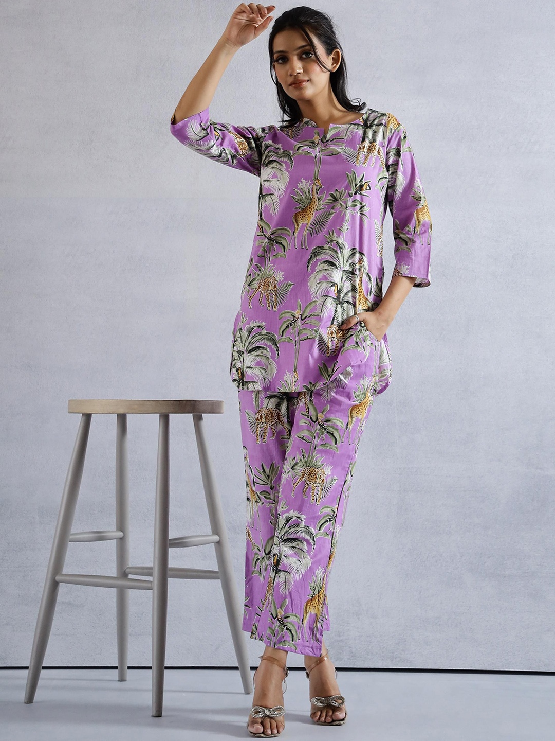 

FLAVIA CREATION Printed Pure Cotton Tunic With Trouser, Blue