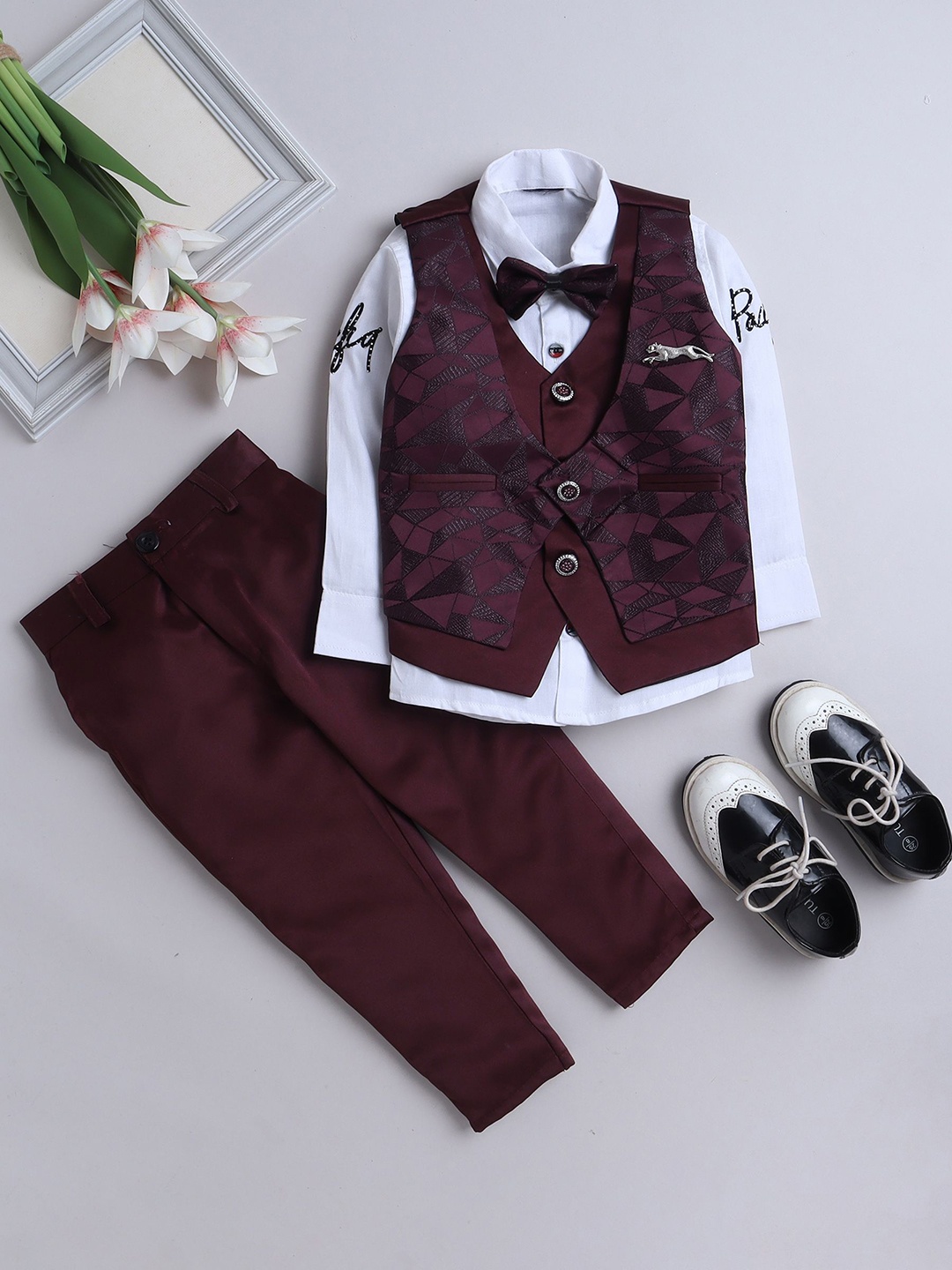 

FOURFOLDS Boys 3-Piece Shirt & Trousers With Waistcoat, Maroon
