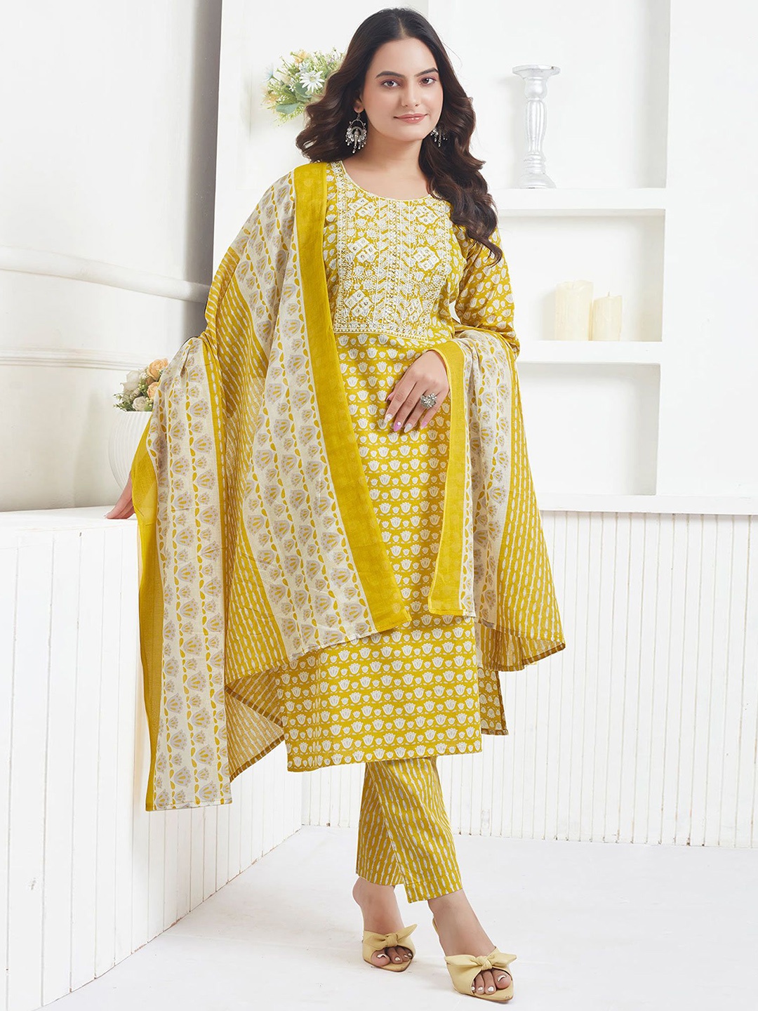 

Peachmode Floral Printed Thread Work Pure Cotton Straight Kurta With Trousers & Dupatta, Mustard