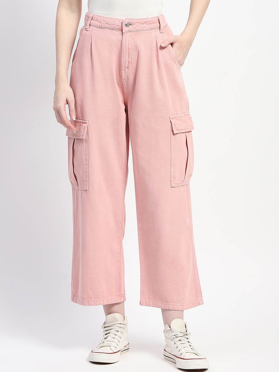 

Madame Women Cotton Mid-Rise Cargo Trousers, Peach