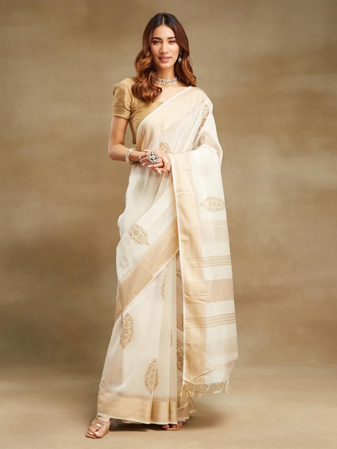 

Fabindia Ethnic Motifs Zari Kasavu Saree, Off white