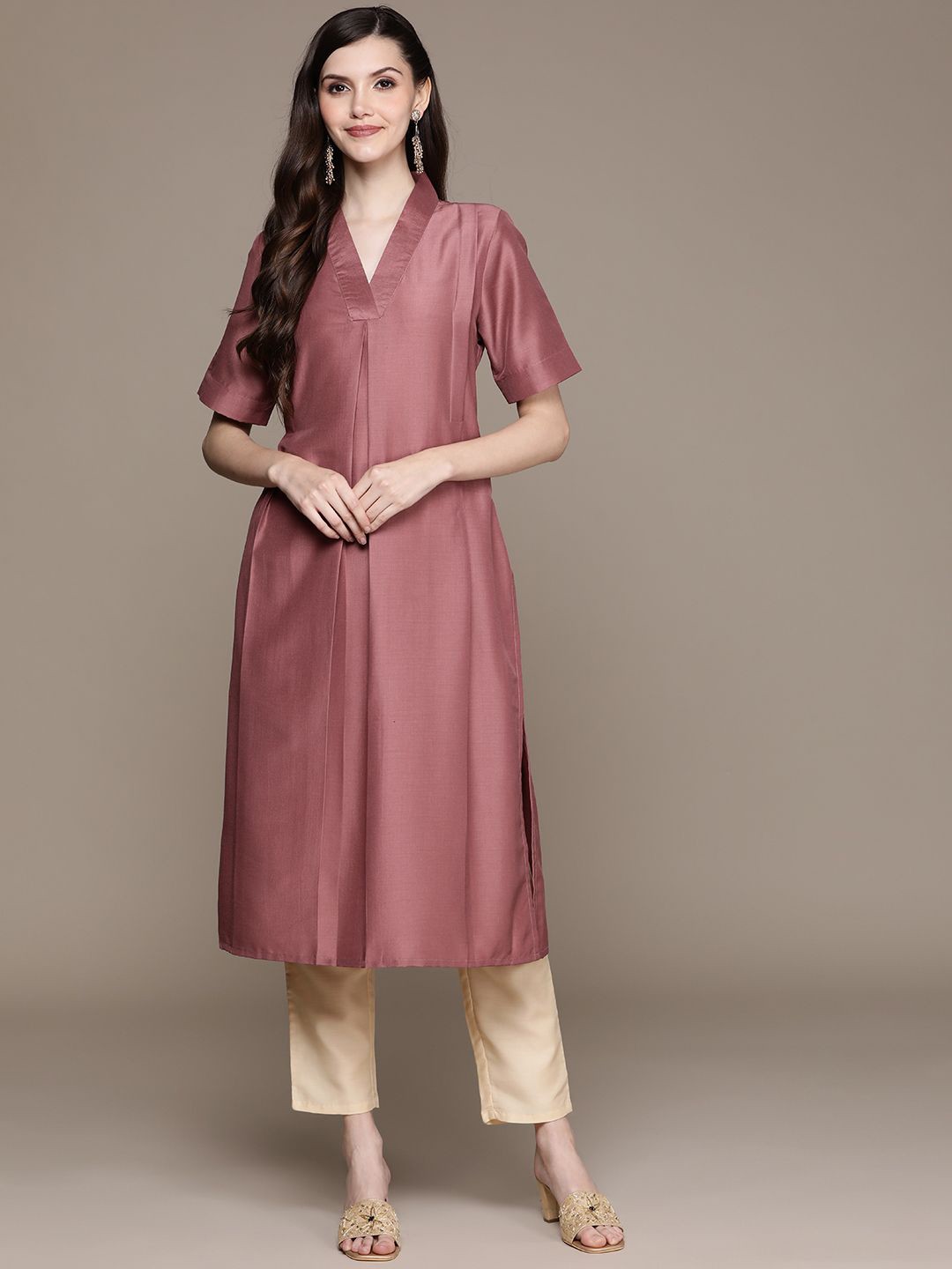 

ZIYAA Brown V-Neck Regular Kurta With Trousers