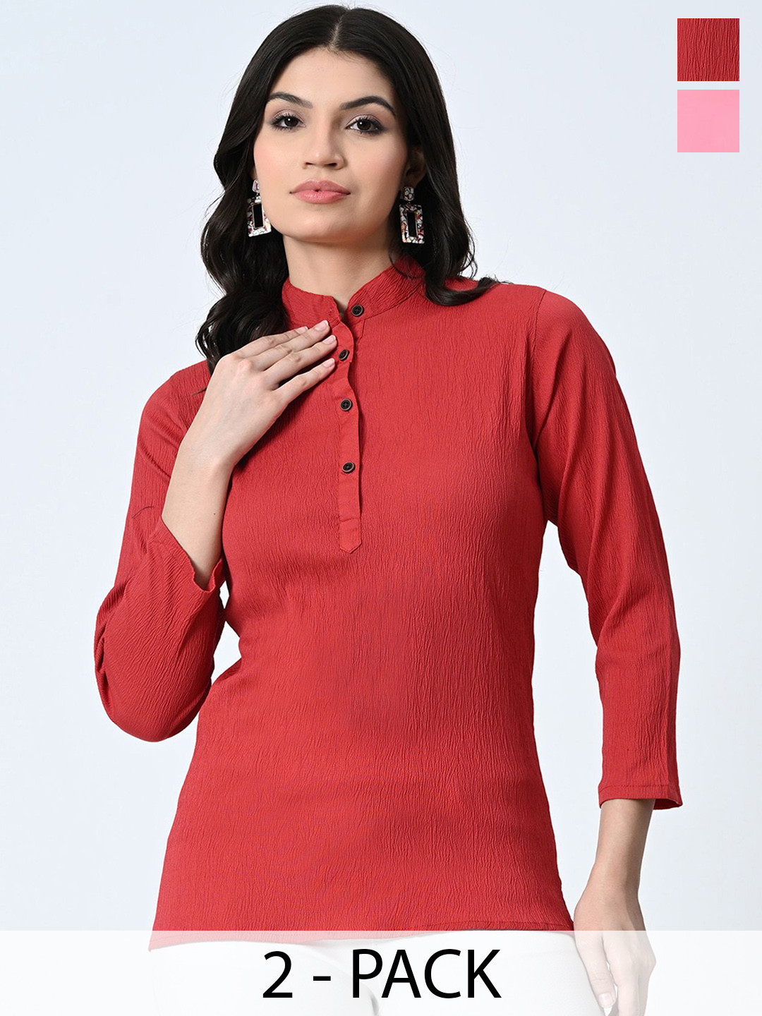 

BAESD Pack Of 2 Self Design Mandarin Collar Crepe Tops, Red