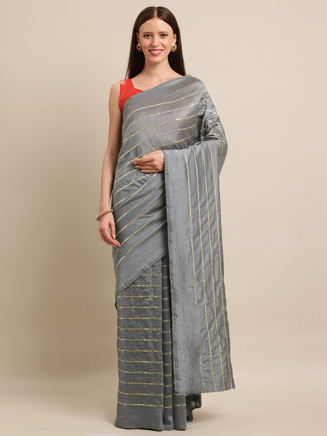 

KULNAARI Striped Embroidered Saree, Grey
