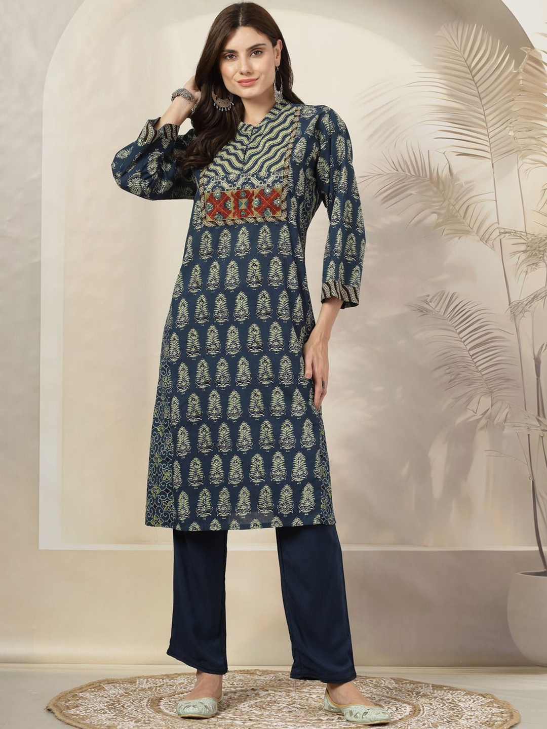 

Nayam By Lakshita Floral Printed A Line Kurta with Trousers, Navy blue