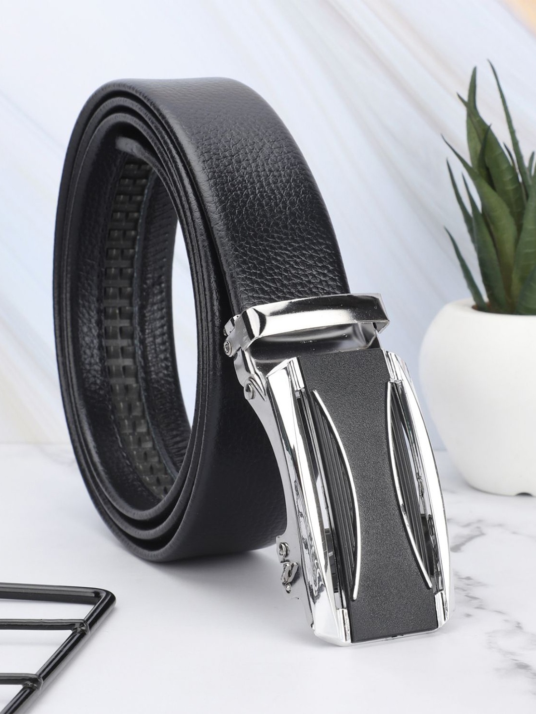 

WINSOME DEAL Men Textured Slider Buckle Casual Belt, Black
