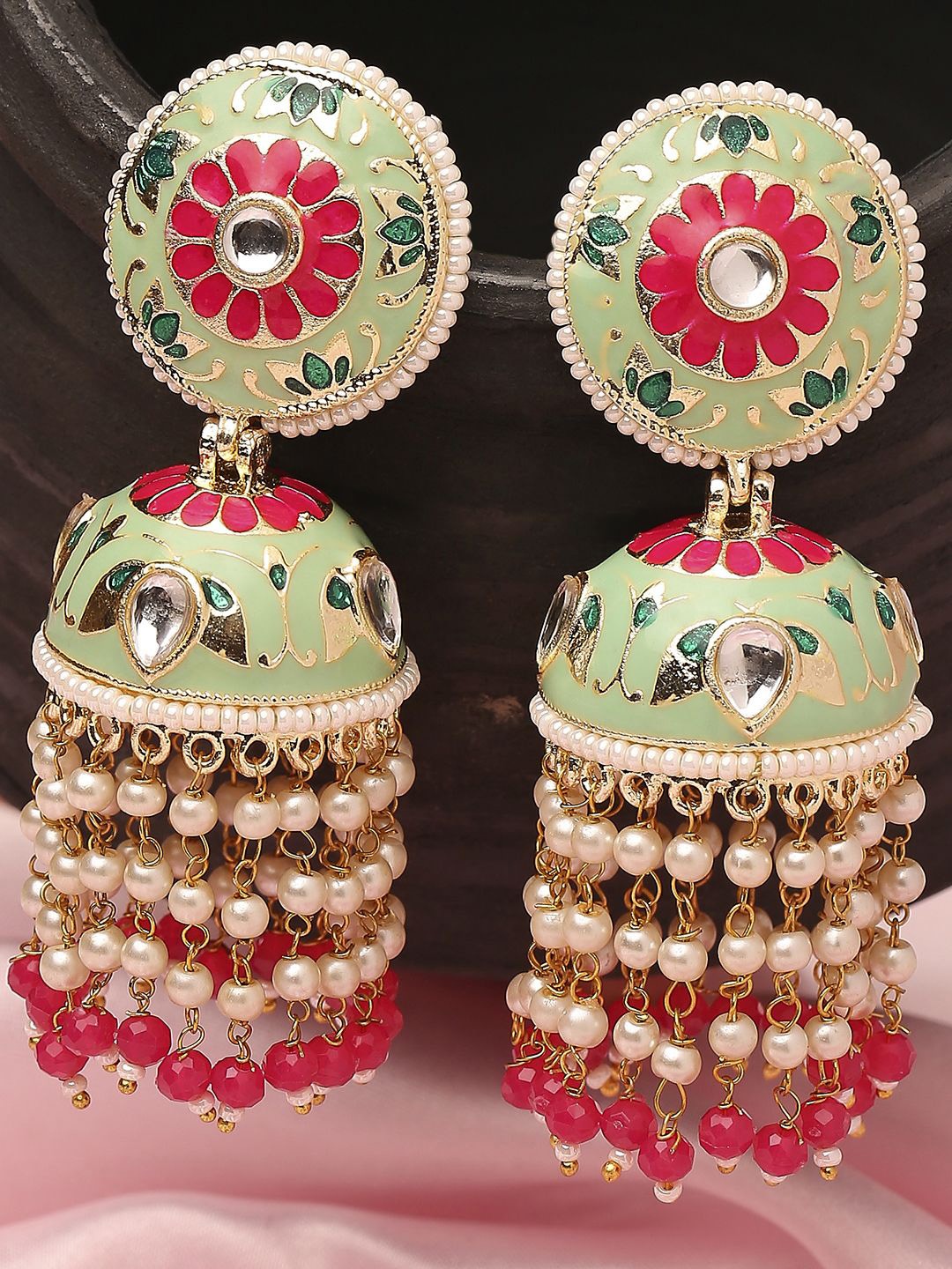 

Anouk Gold-Toned Kundan Studded Pearls Beaded Dome Shaped Meenakari Jhumkas