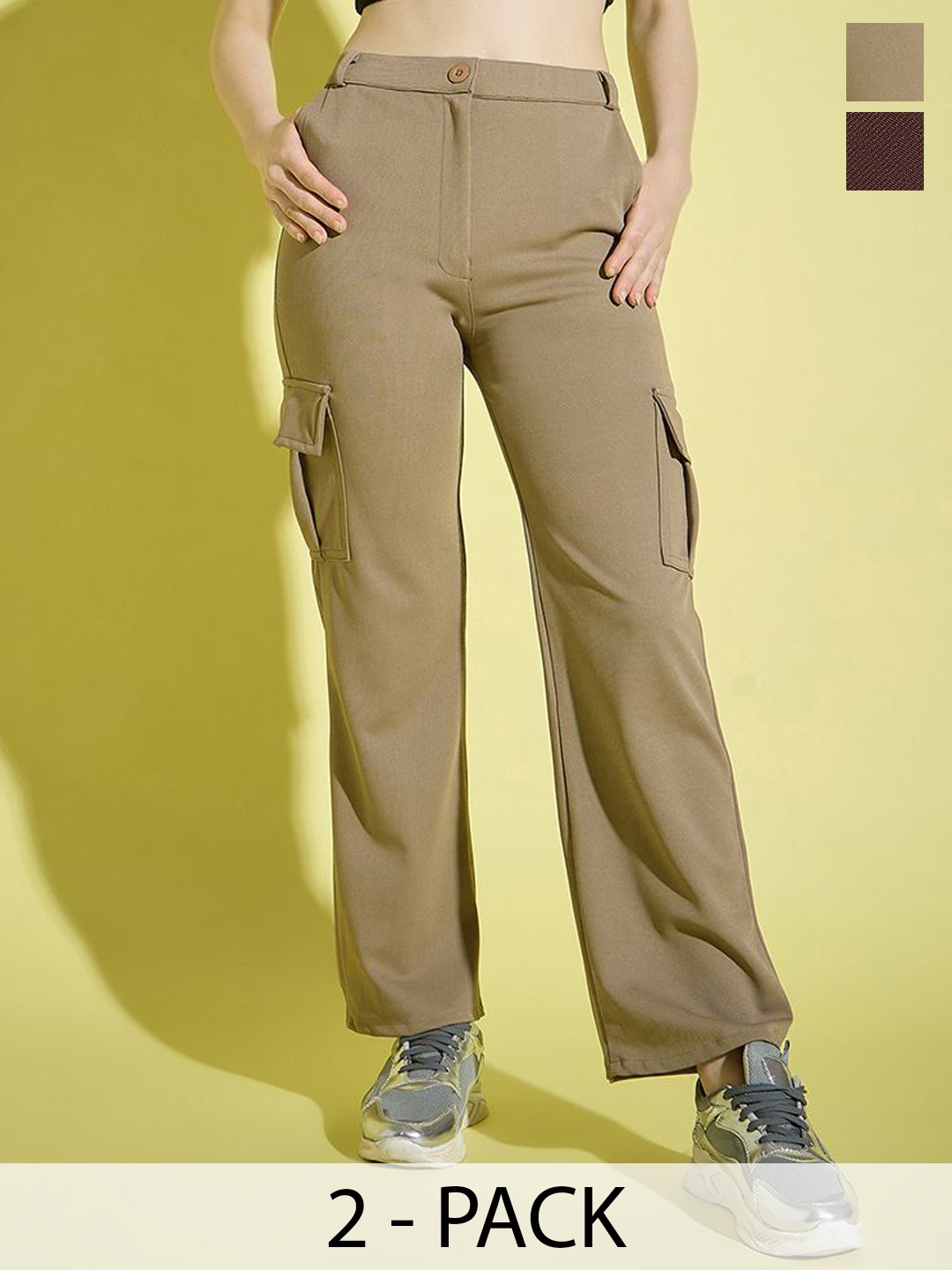 

BUY NEW TREND Pack of 2 Women Relaxed Straight Fit High-Rise Wrinkle Free Cargos Trousers, Multi