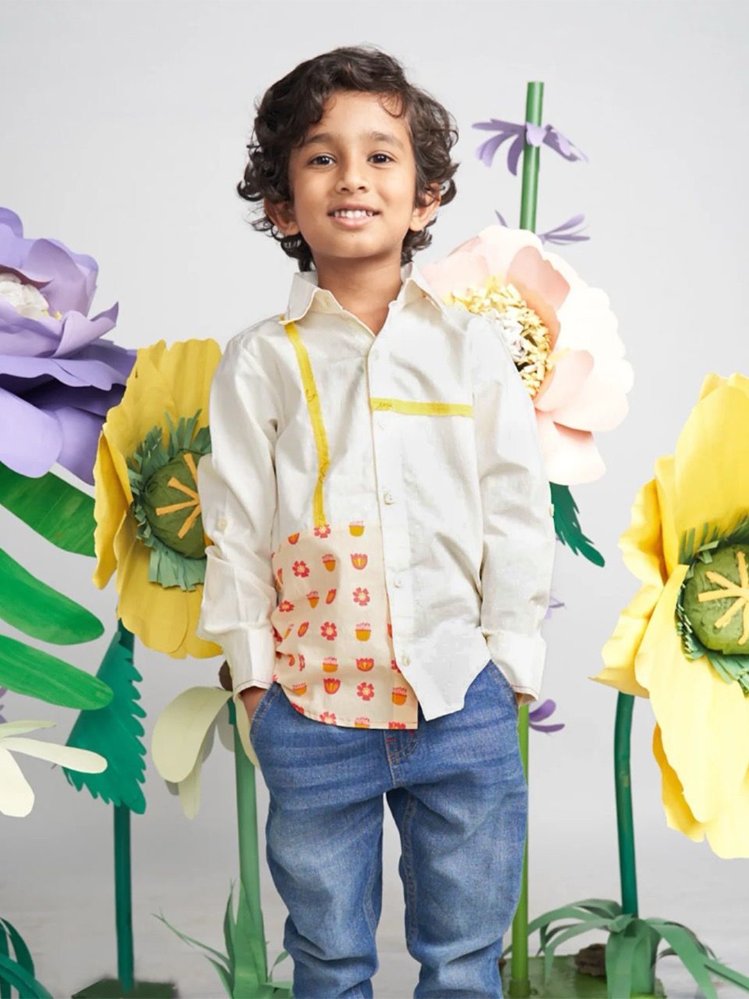 

Miko Lolo Boys Classic Floral Printed Spread Collar Casual Shirt, White