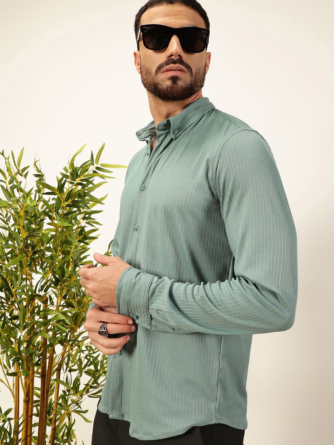 

Thomas Scott Men Premium Slim Fit Vertical Stripes Textured Casual Shirt, Sea green