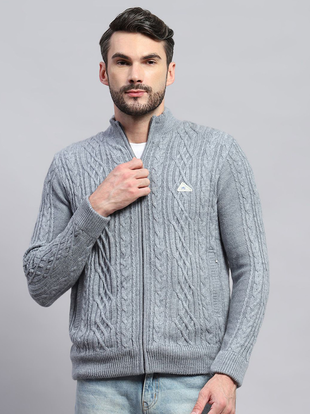 

Monte Carlo Men Cable Knit Woollen Cardigan, Grey
