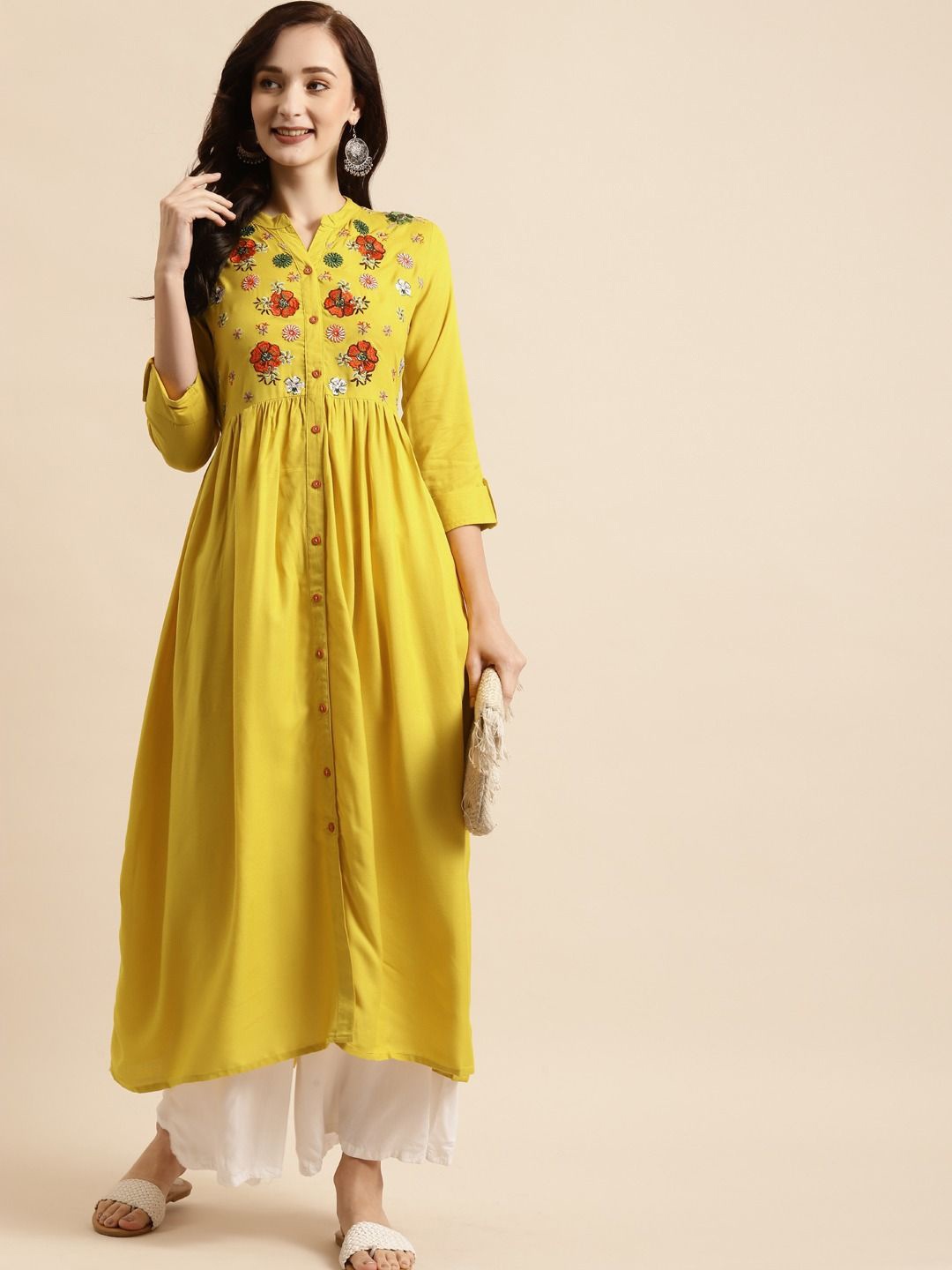 

Anouk Yellow Floral Embroidered Mandarin Collar Roll-Up Sleeves Liva Anarkali Kurta