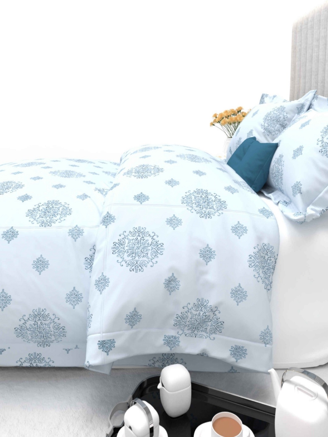 

THE WHITE MOSS Blue Ethnic Motifs 600 TC King Bedsheet with 2 Pillow Covers