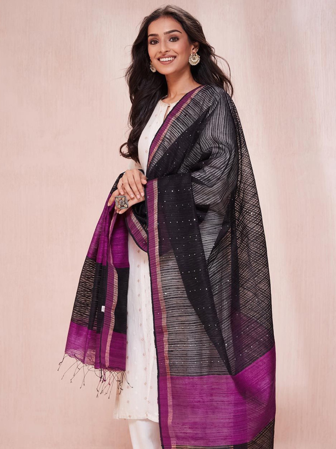 

Fabindia Woven Design Dupatta with Sequinned, Black