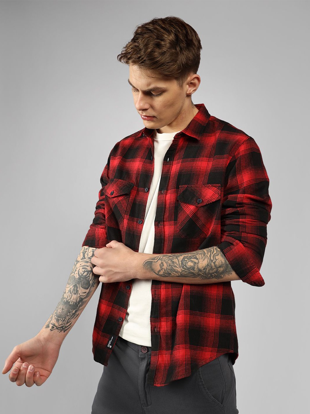 

Dennis Lingo Tartan Checks Flannel Relaxed Fit Pure Cotton Casual Shirt, Red