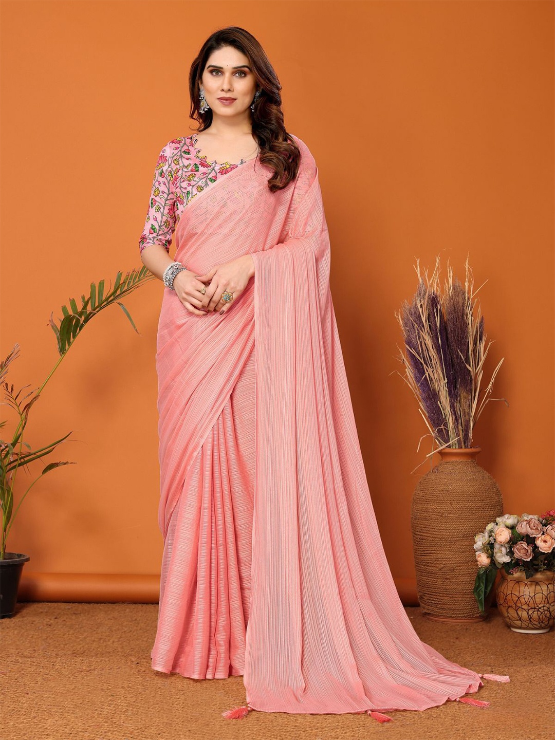 

ODETTE Striped Saree, Peach