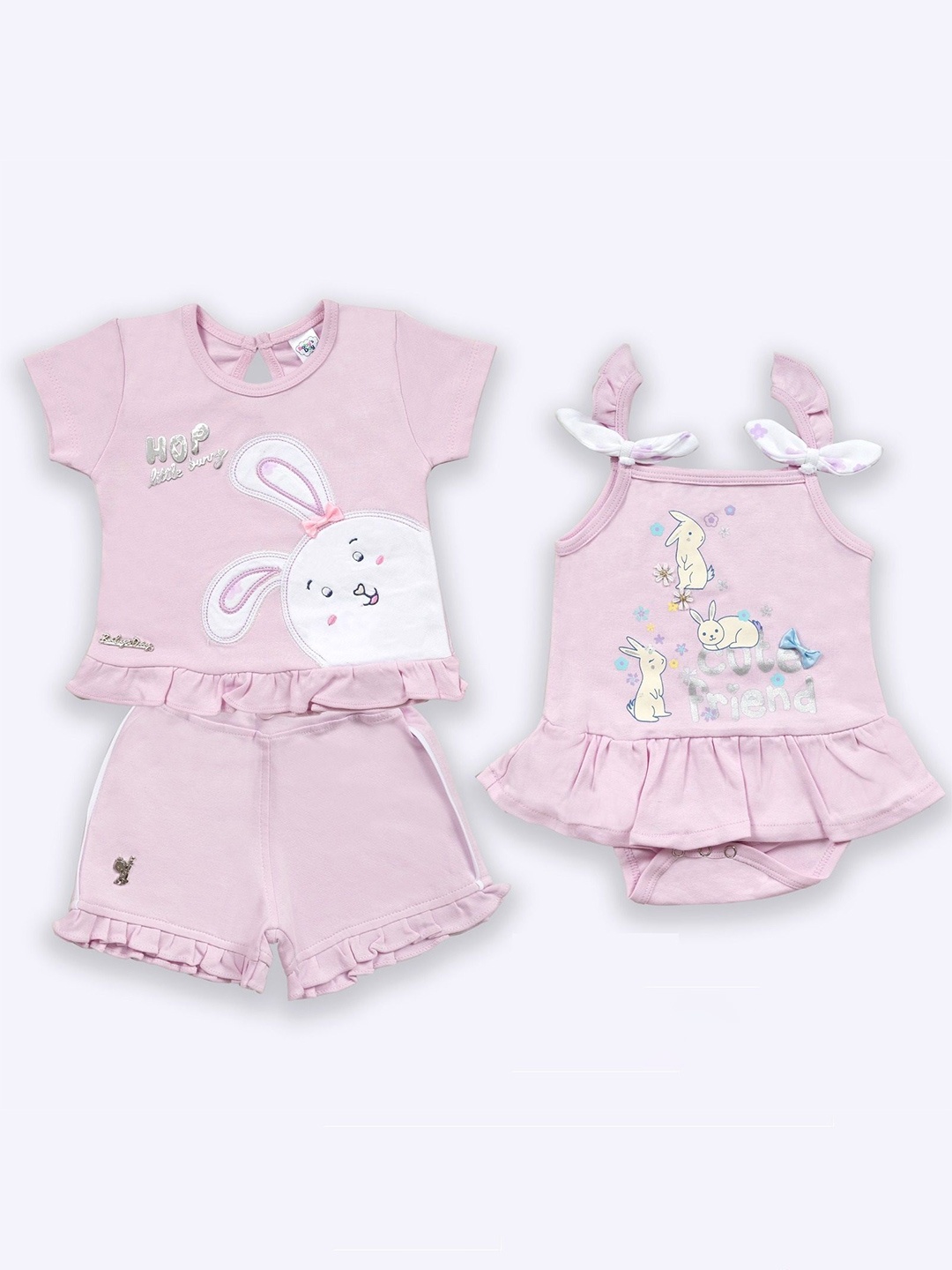 

Babys Day Infants Pack of 3 Printed Cotton Top With Shorts, Pink